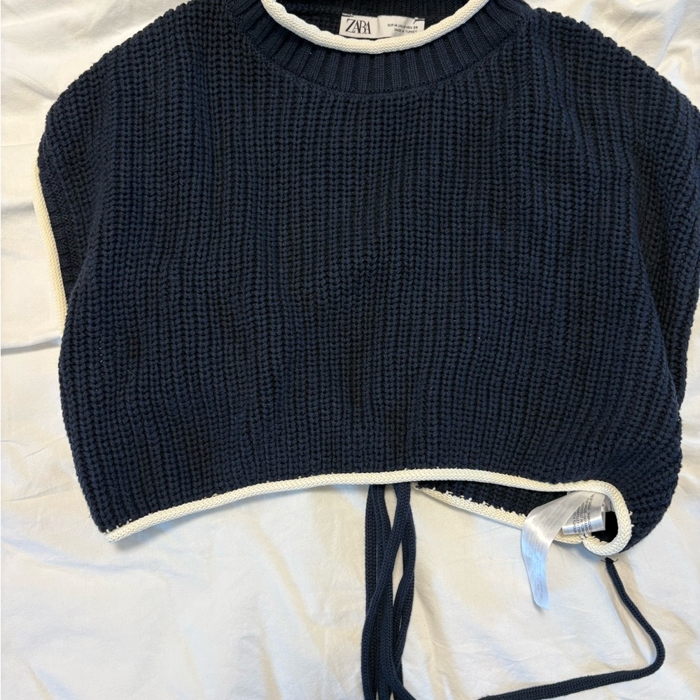 Zara Blue and White Crew Neck Sweater with Collegiate Style